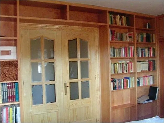 Librería de madera integrada alrededor de una puerta doble de cristal